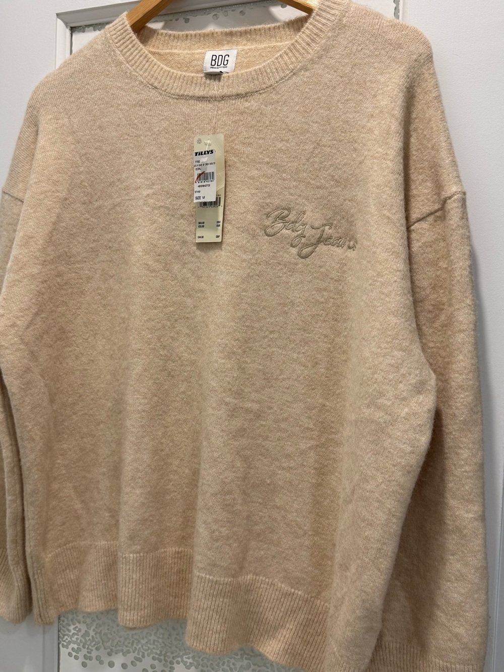 BDG Women's Beige Crewneck Sweater with Script Chest Logo